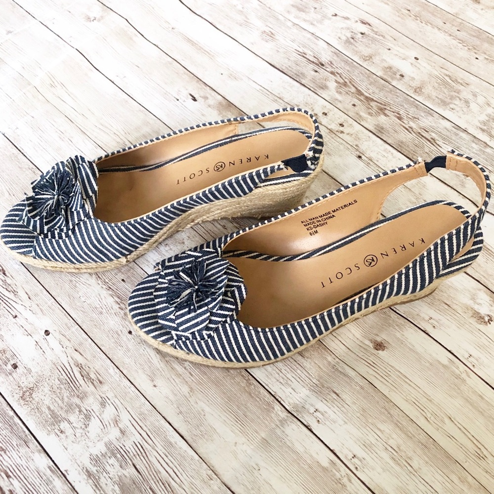Karen Scott Striped Blue White Espadrille Wedges
